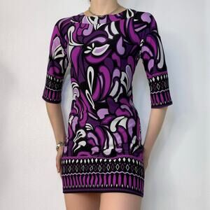 Y2K Psychedelic Print Mini Dress Waist Tie Purple White Black